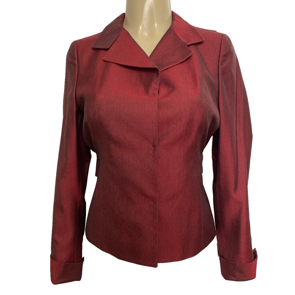 Akris Red 100% Silk Blazer Jacket Notch Lapel Collar Black Sheen V Neck 8 US M - Picture 2 of 11